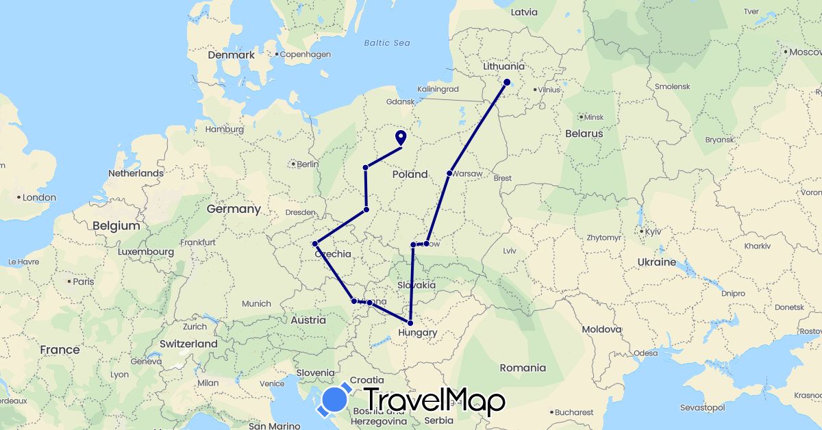 TravelMap itinerary: driving in Austria, Czech Republic, Hungary, Lithuania, Poland, Slovakia (Europe)